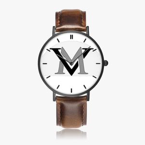 MyVybz Ultra-Thin Leather Strap Quartz Watch (Black With Indicators)