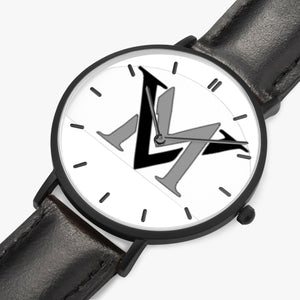 MyVybz Ultra-Thin Leather Strap Quartz Watch (Black With Indicators)